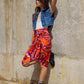 Q2 Midi Draped Skirt in Orange Abstract Floral Print