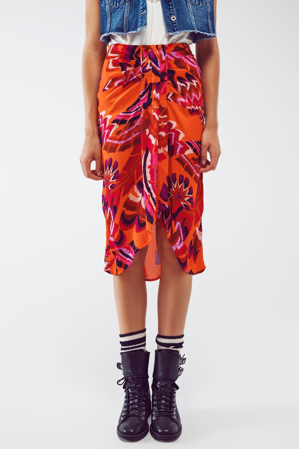 Midi Draped Skirt in Orange Abstract Floral Print - Szua Store