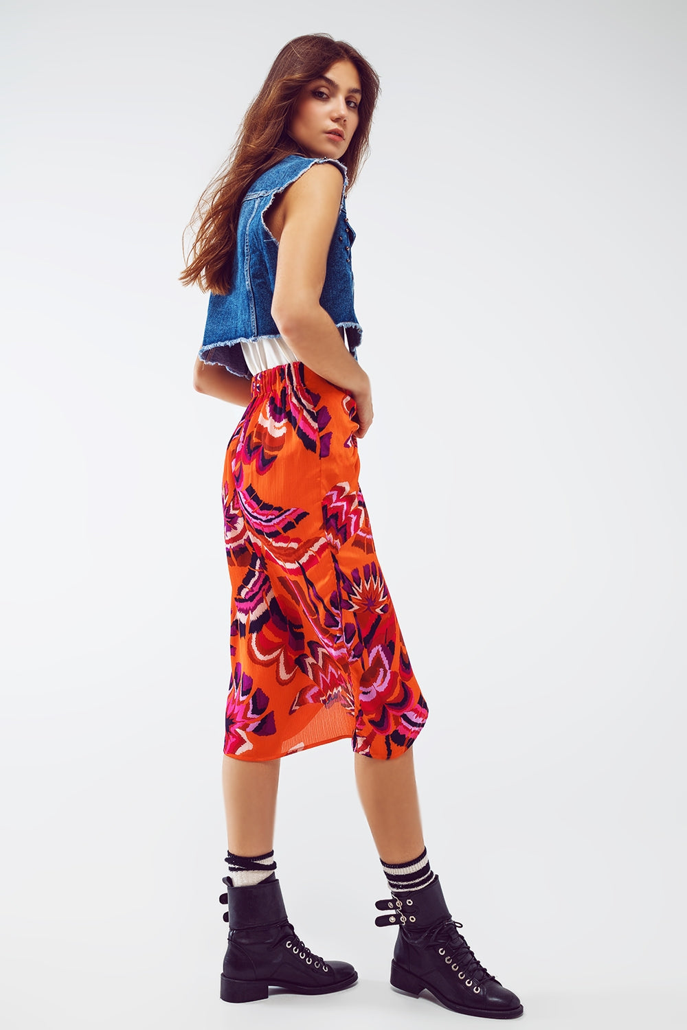 Midi Draped Skirt in Orange Abstract Floral Print - Szua Store