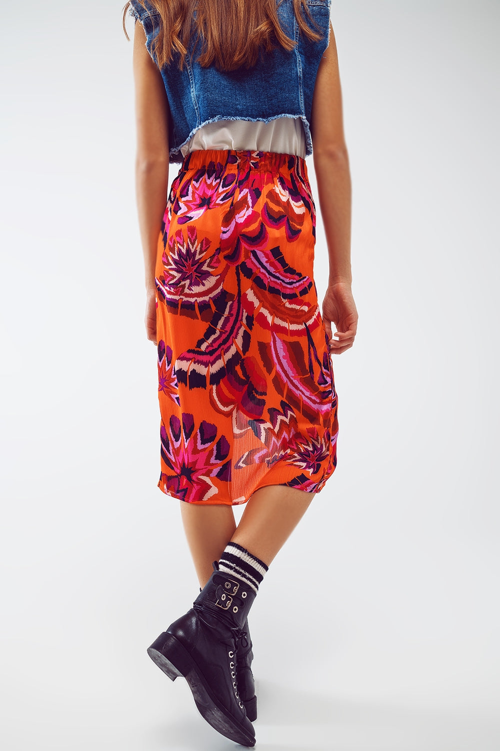 Midi Draped Skirt in Orange Abstract Floral Print - Szua Store
