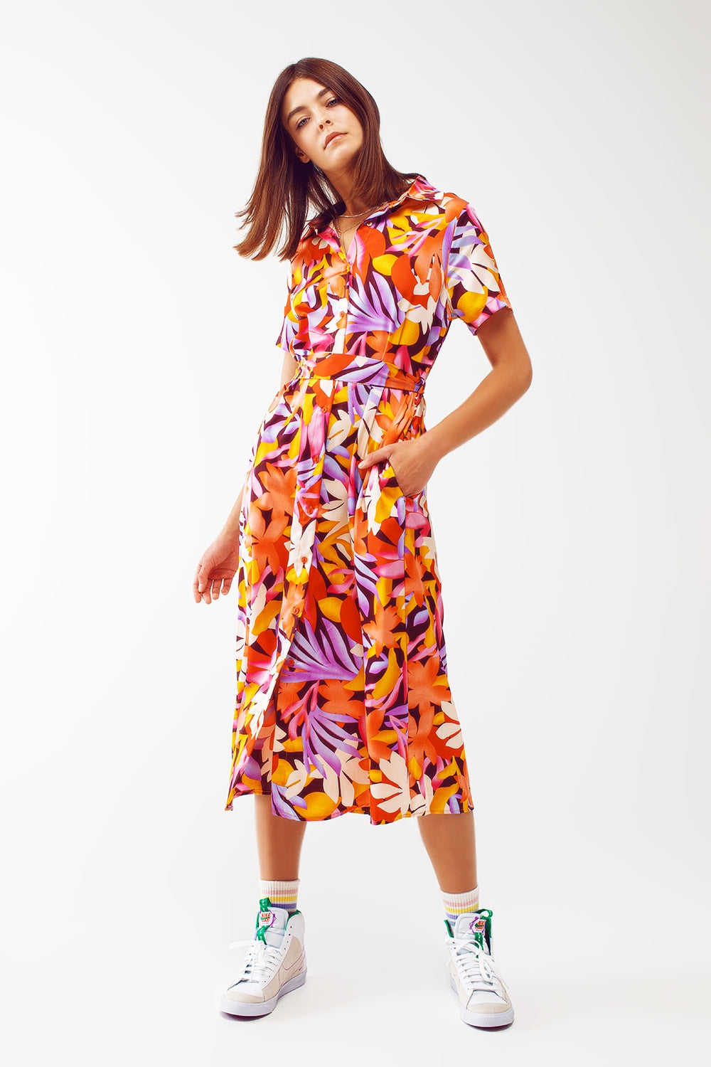 Q2 Midi Floral Print Dress in Multicolour