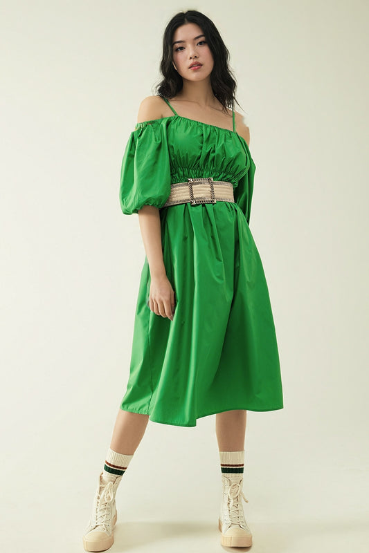 Q2 Midi green dress with short sleeves and straps