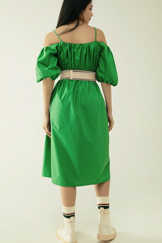 Midi green dress with short sleeves and straps