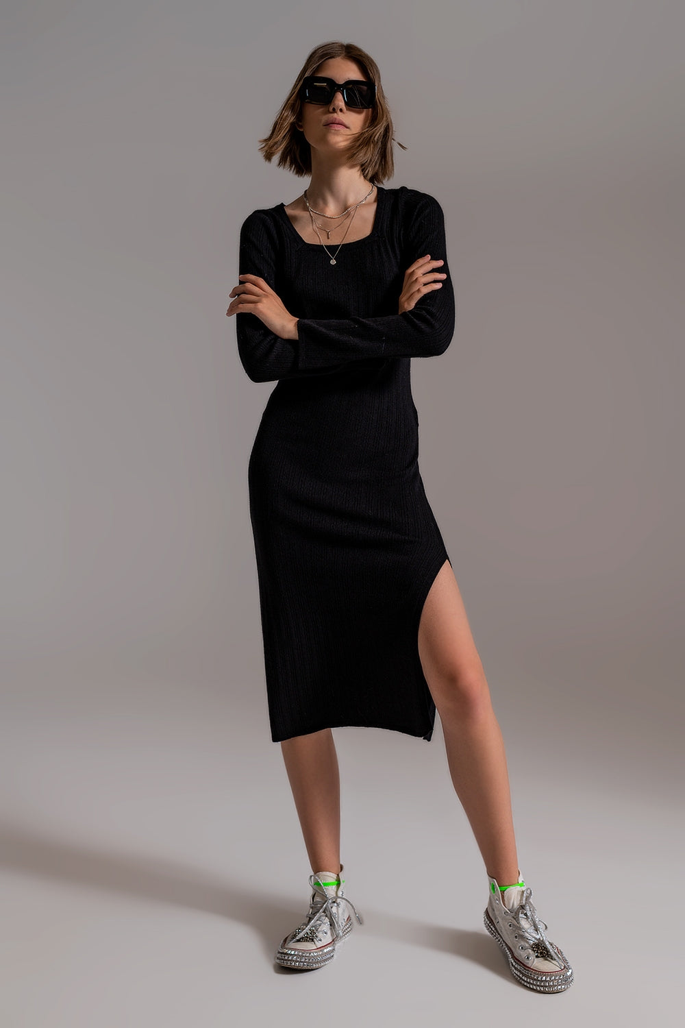 Midi Knit Dress With Square Neckline in Black - Szua Store