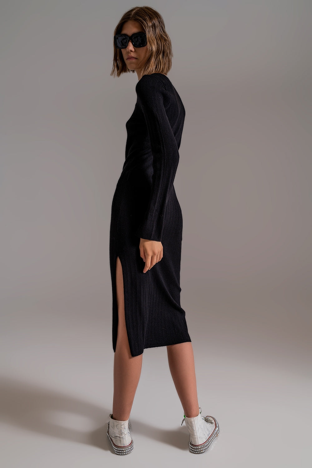 Midi Knit Dress With Square Neckline in Black - Szua Store