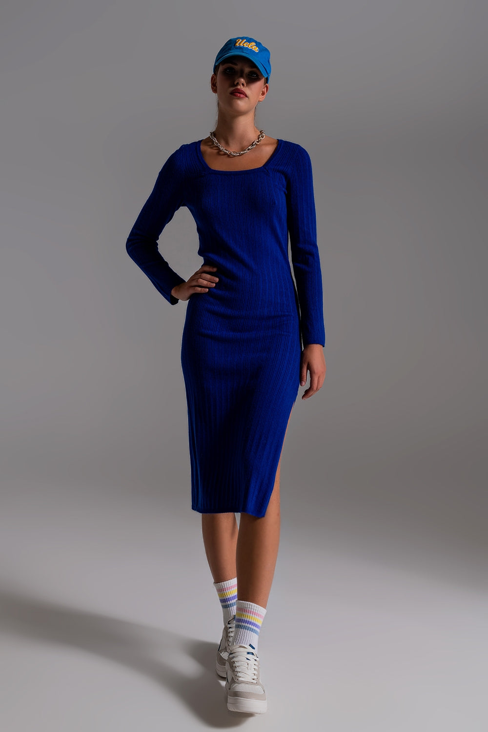 Midi Knit Dress With Square Neckline in Blue - Szua Store