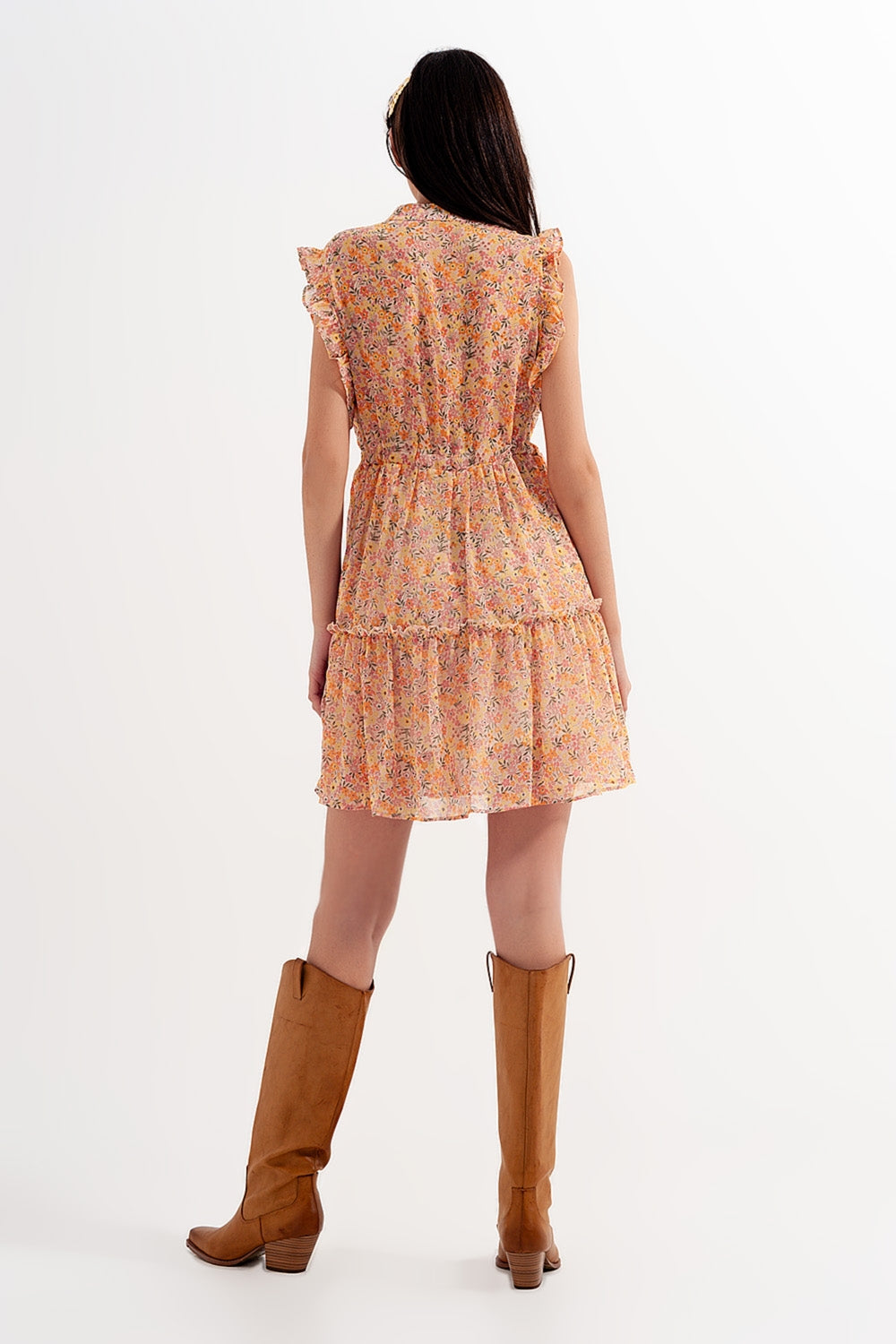 Mini dress with ruffle trims in vintage floral in coral Szua Store