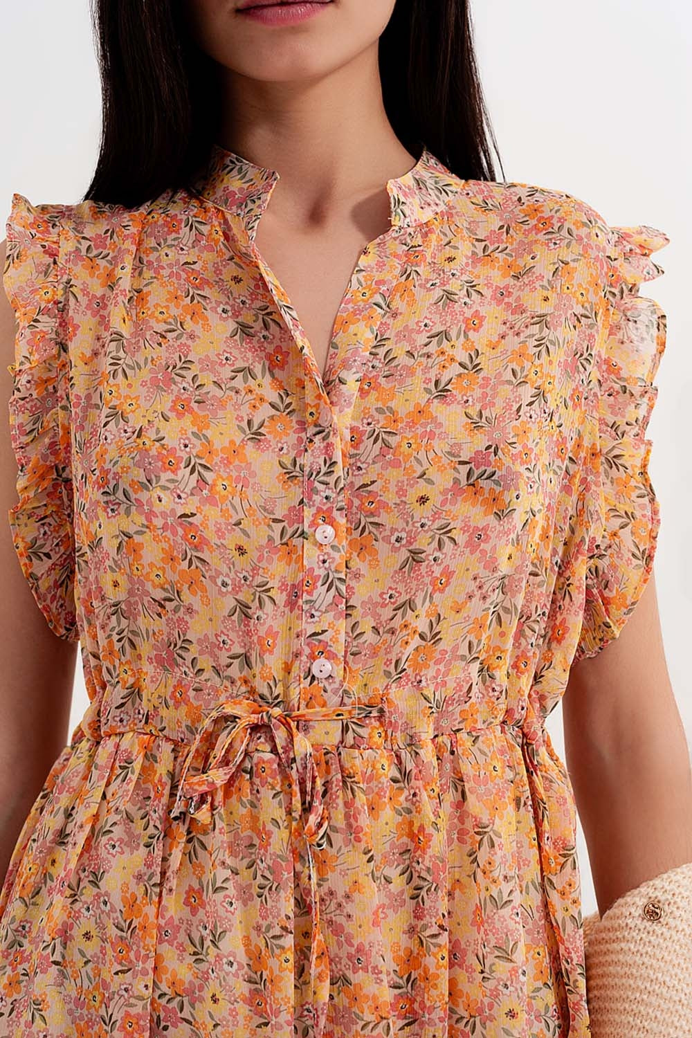 Mini dress with ruffle trims in vintage floral in coral Szua Store