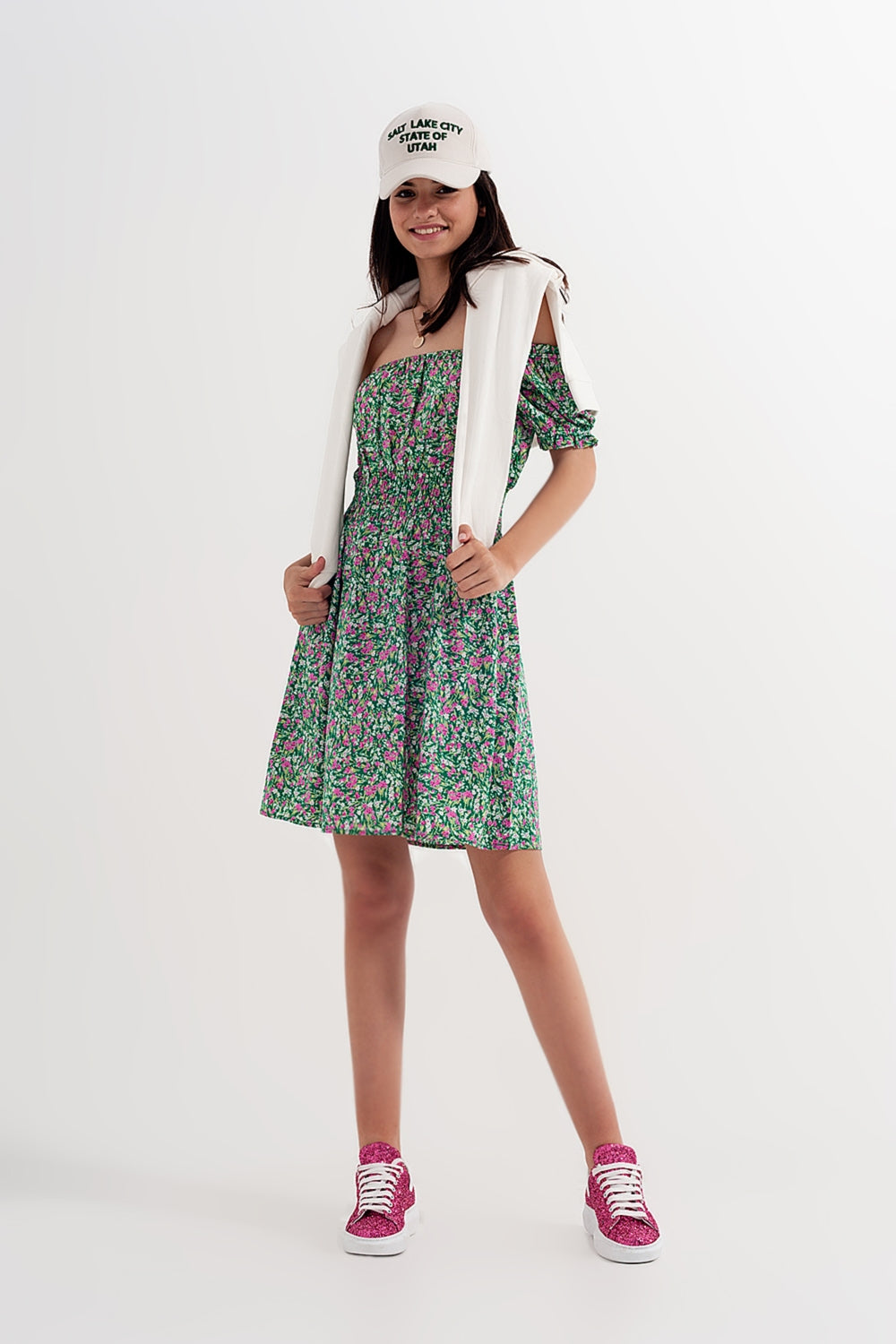 Mini dress with shirred detail in green ditsy floral print Szua Store