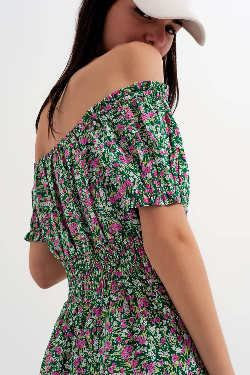 Mini dress with shirred detail in green ditsy floral print Szua Store