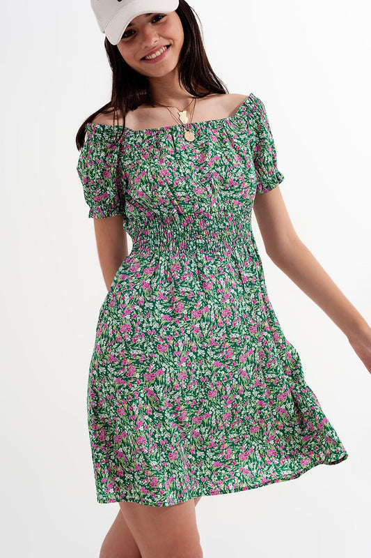 Mini dress with shirred detail in green ditsy floral print Szua Store