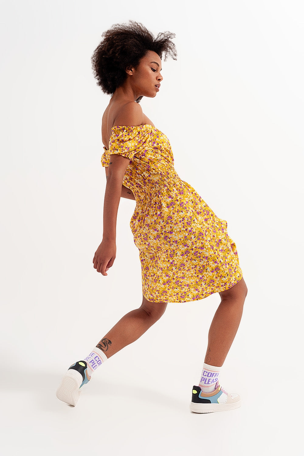 Mini dress with shirred detail in yellow ditsy floral print Szua Store