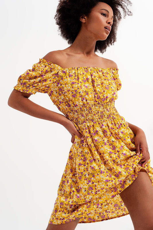Mini dress with shirred detail in yellow ditsy floral print Szua Store