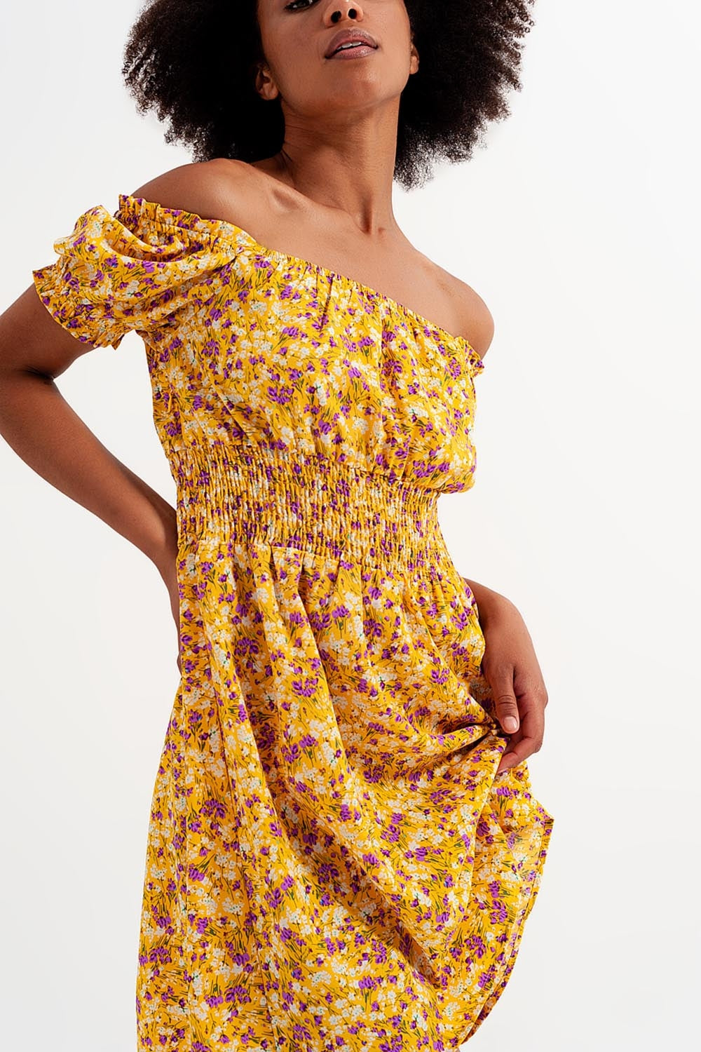 Mini dress with shirred detail in yellow ditsy floral print Szua Store