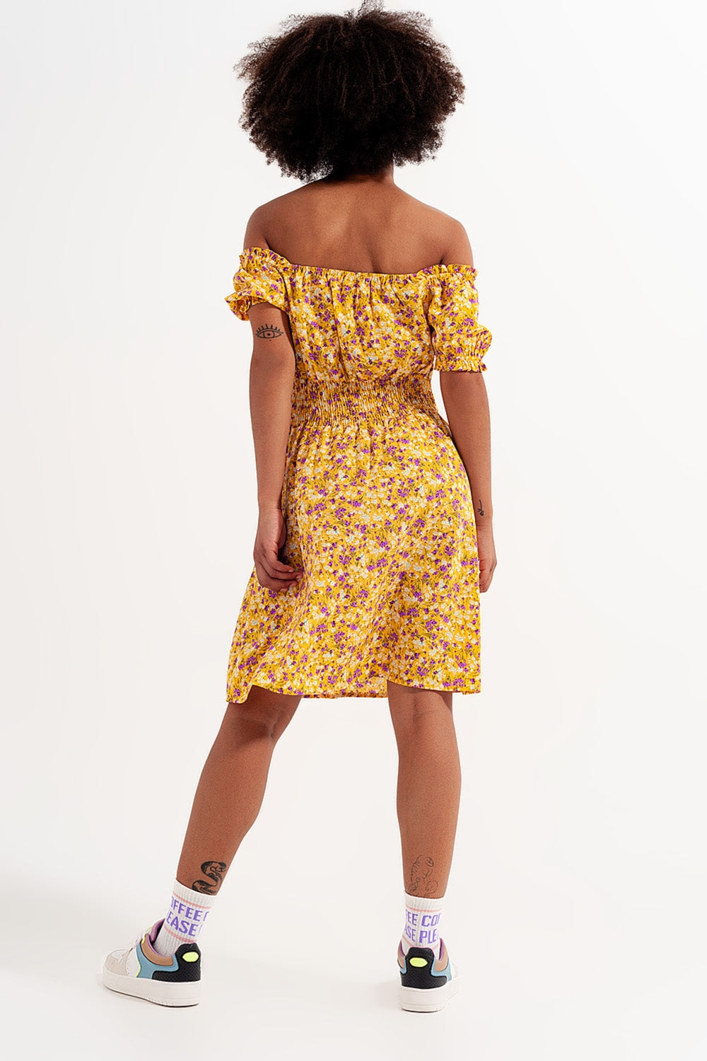 Mini dress with shirred detail in yellow ditsy floral print Szua Store