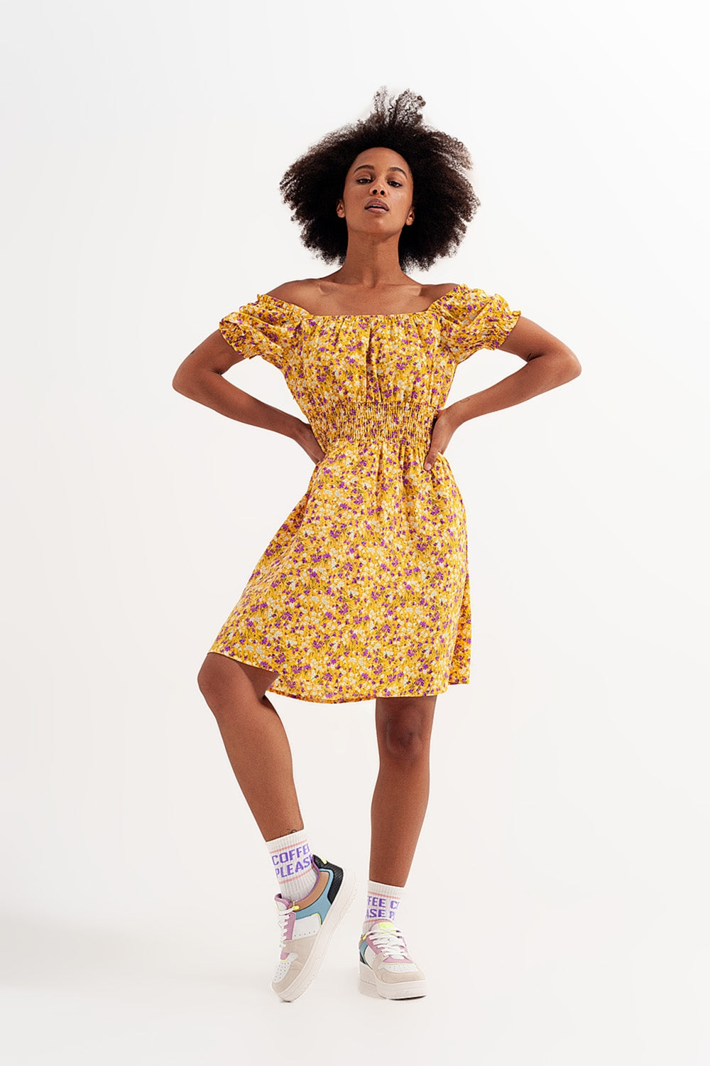 Mini dress with shirred detail in yellow ditsy floral print Szua Store