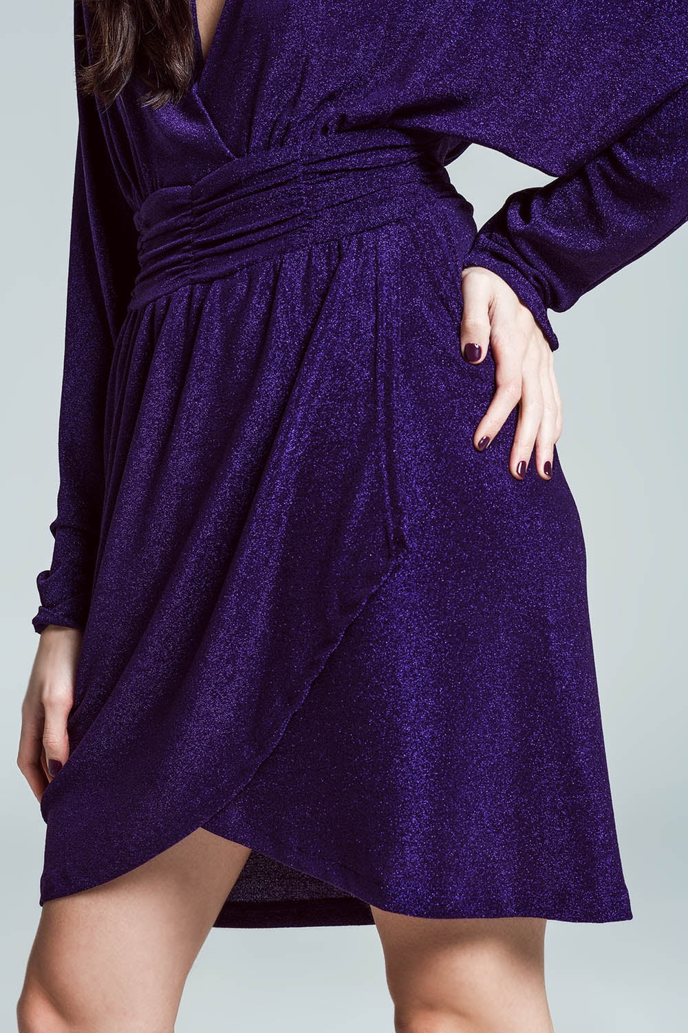 Mini length glitter dress with deep V neck in purple