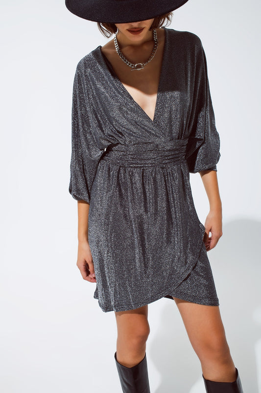 Q2 Mini length glitter dress with deep V neck in silver