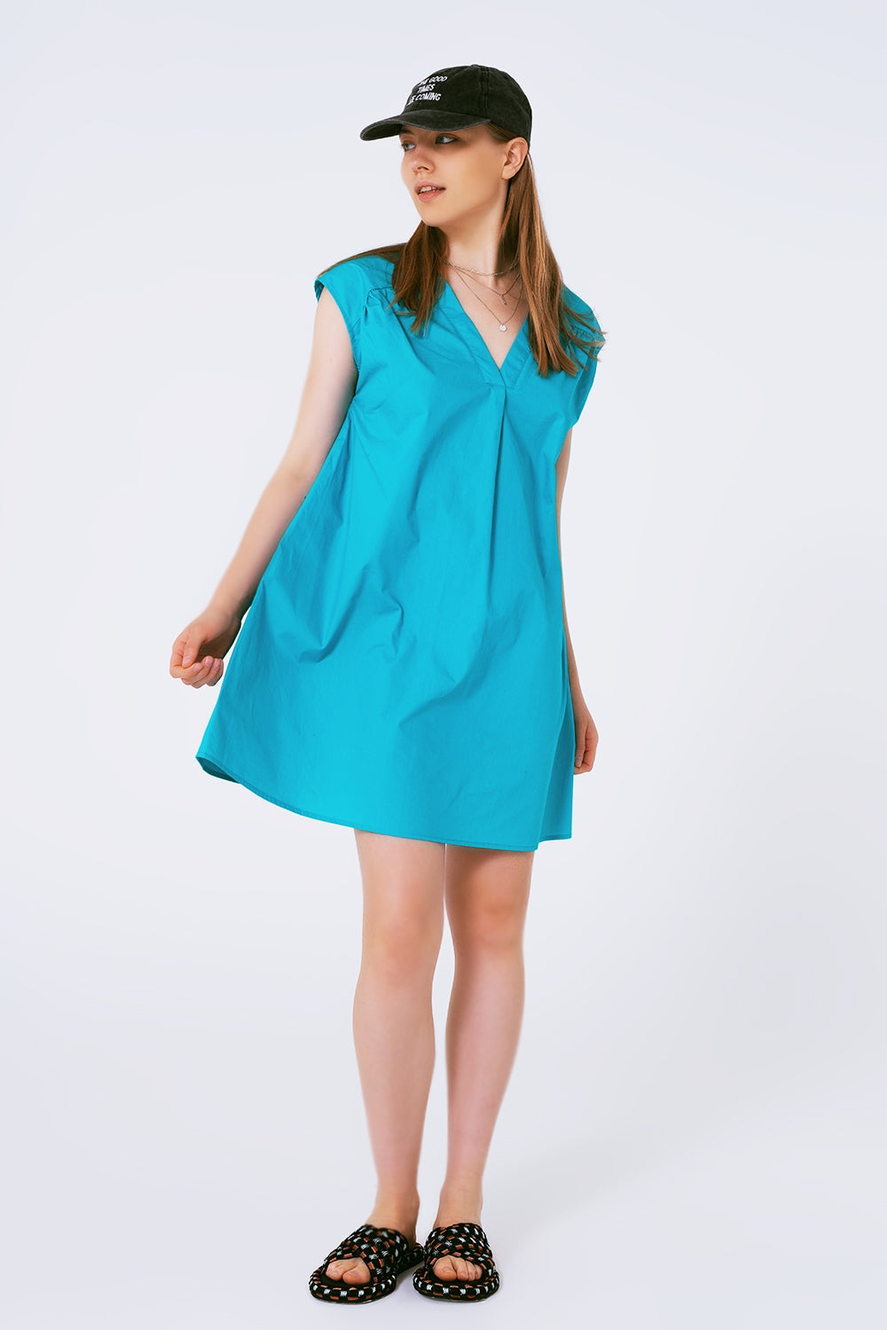Q2 Mini Poplin Sleevless Dress in Turquoise