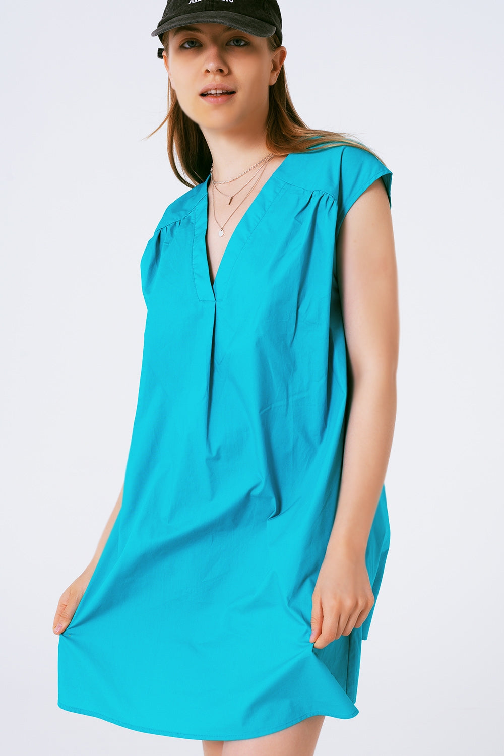 Mini Poplin Sleevless Dress in Turquoise - Szua Store