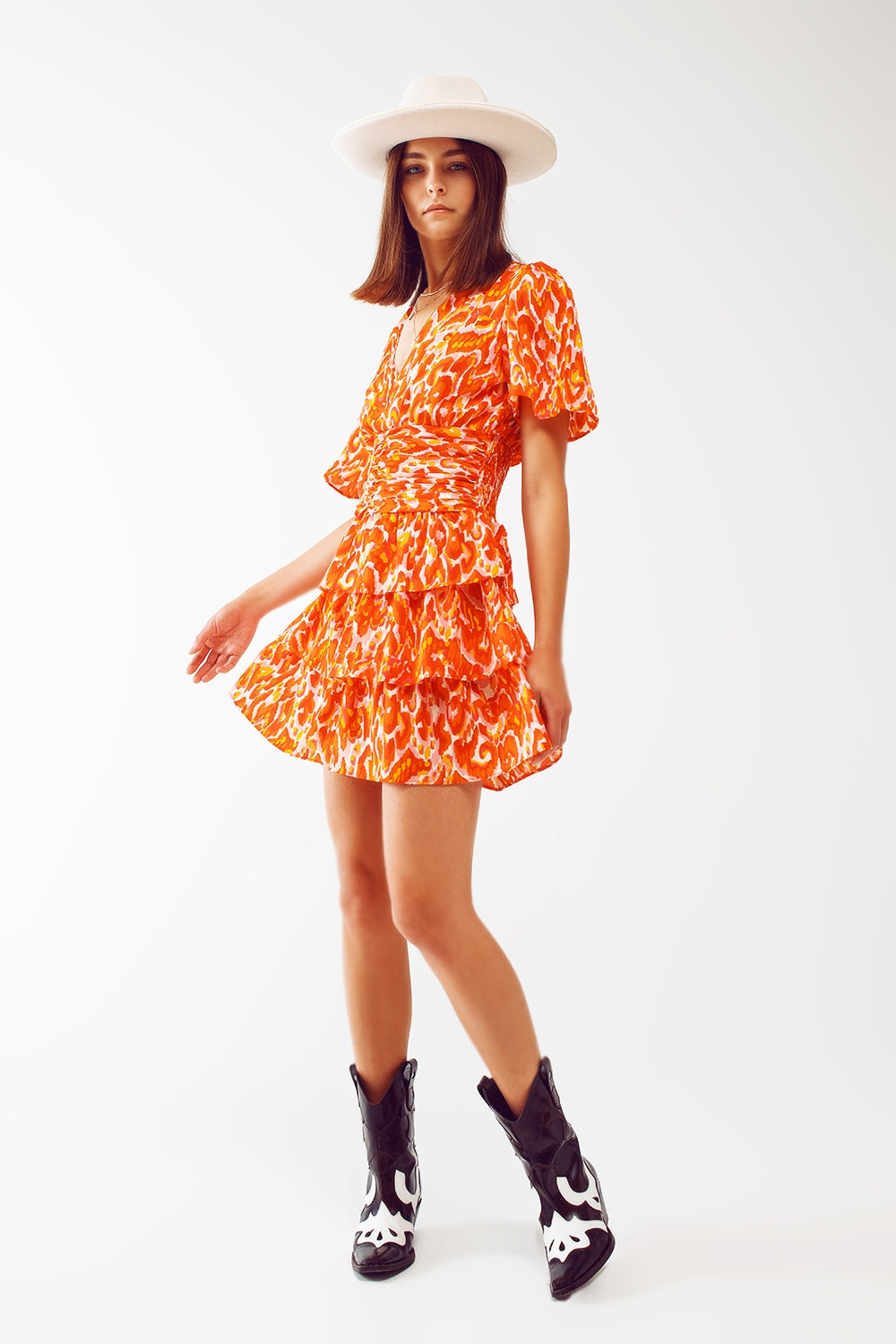 Q2 Mini V Neck Dress in Floral Orange Print