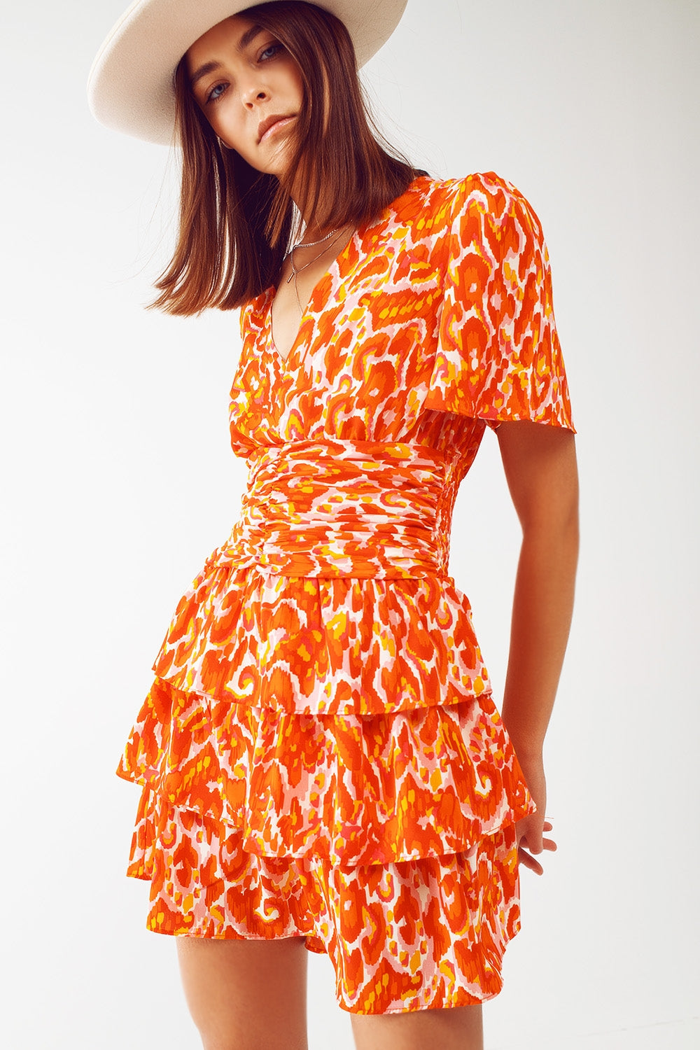 Mini V Neck Dress in Floral Orange Print - Szua Store