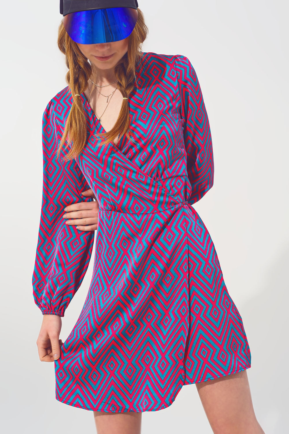 Q2 Mini V Neck Wrap Dress with Geometric Print
