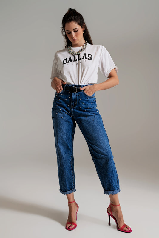 Mom Jeans With Embellished Details in Mid Blue Wash - Szua Store