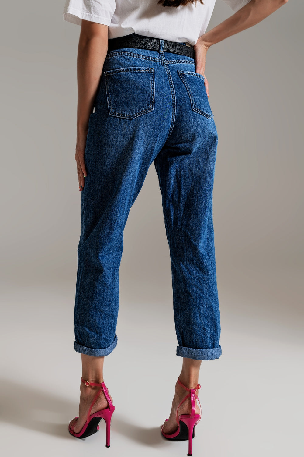 Mom Jeans With Embellished Details in Mid Blue Wash - Szua Store