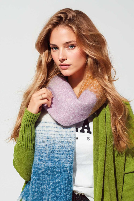 Multi Colored Chunky Knit Scarf in Multicolor Stripes green and blue