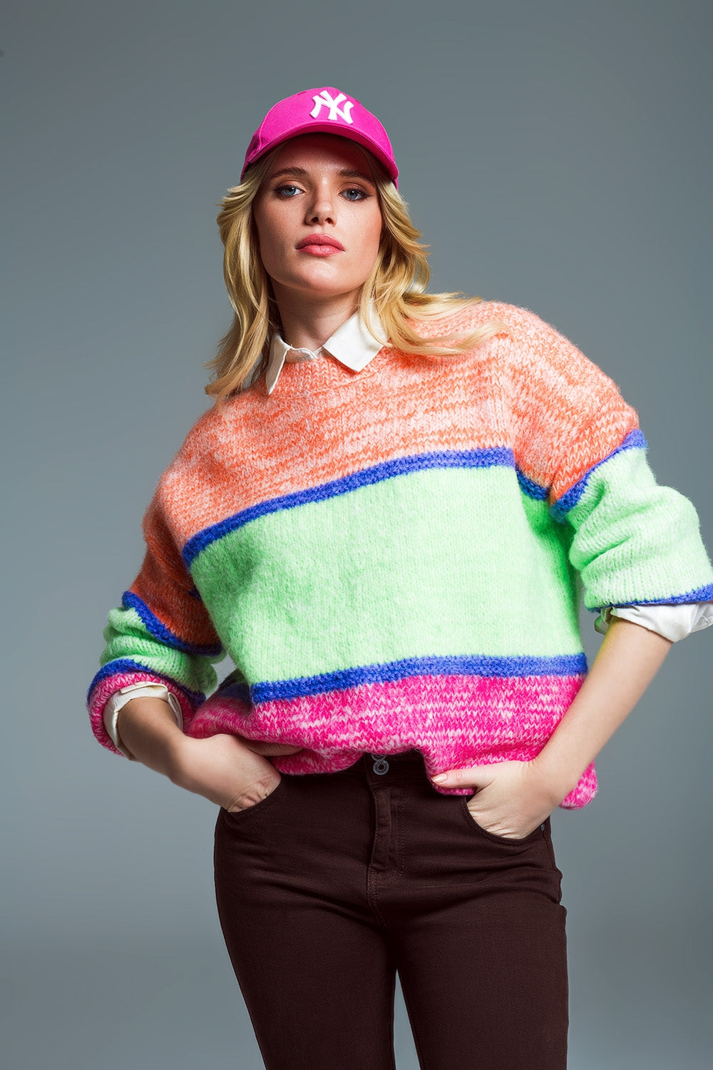 Q2 Multicolor Sweater With Crew Neack and Stripes