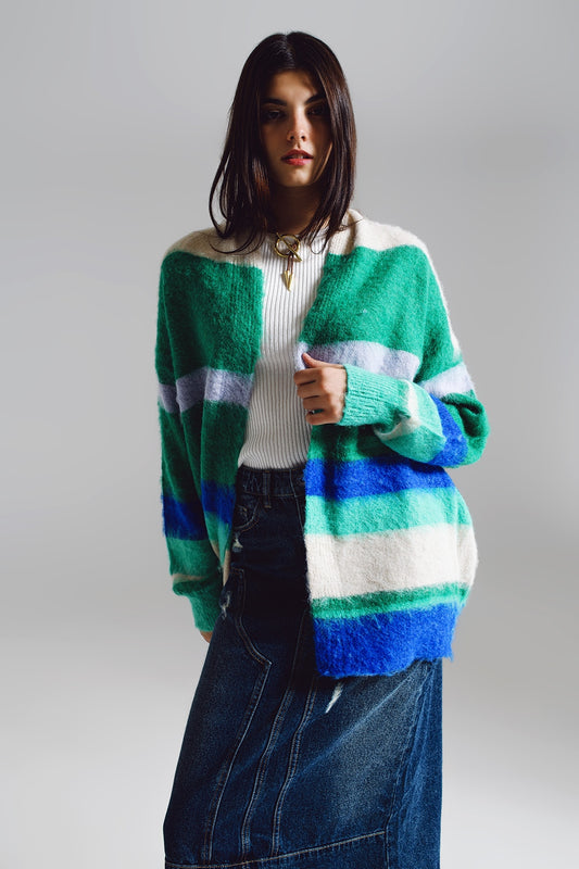 Q2 Multicolored fluffy long cardigan in blue and green