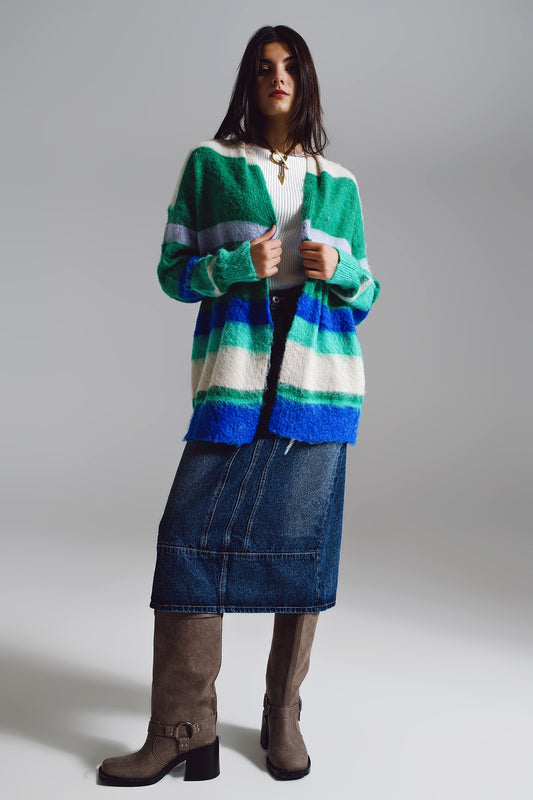 Multicolored fluffy long cardigan in blue and green