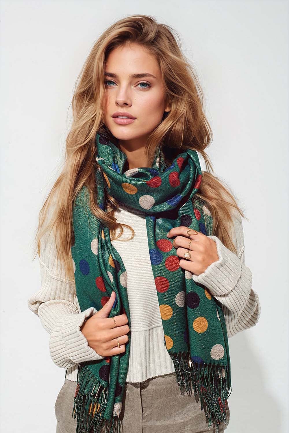 Q2 Multicolored Polka Dot soft Scarf in Green
