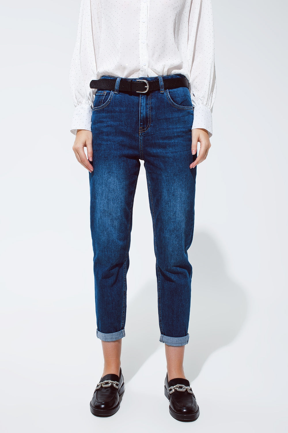 Mum Jean in Medium Wash With Folded Hem