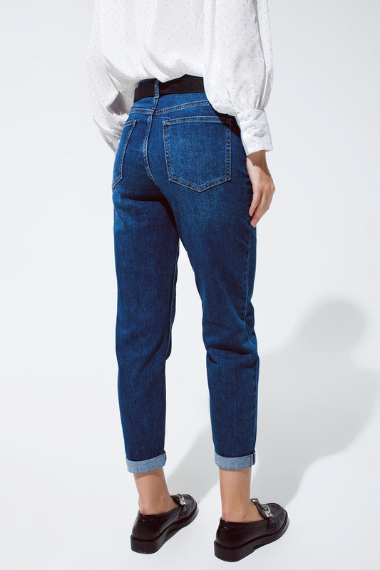 Mum Jean in Medium Wash With Folded Hem