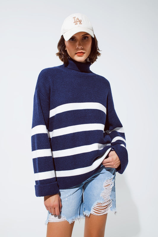 Q2 Navy blue turtle neck sweater in navy with stripes
