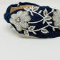 Navy Headband With Big Embroidered Flowers in White