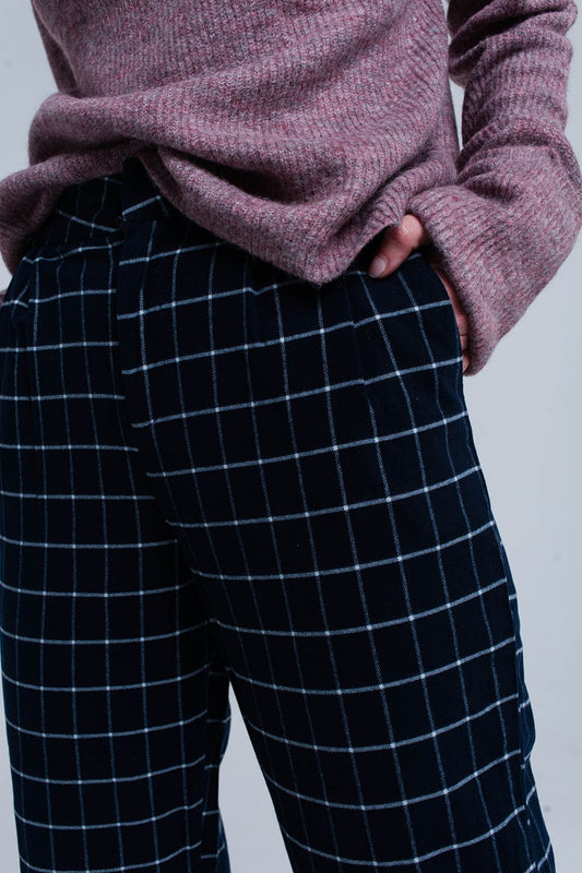 Navy Pants in White Tartan Print Szua Store