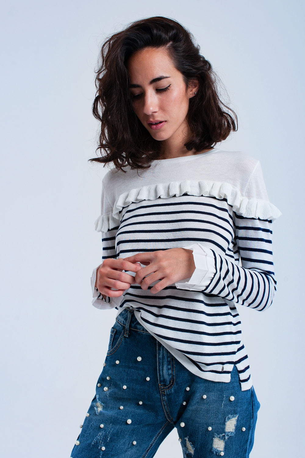 Navy striped sweater with ruffles Szua Store