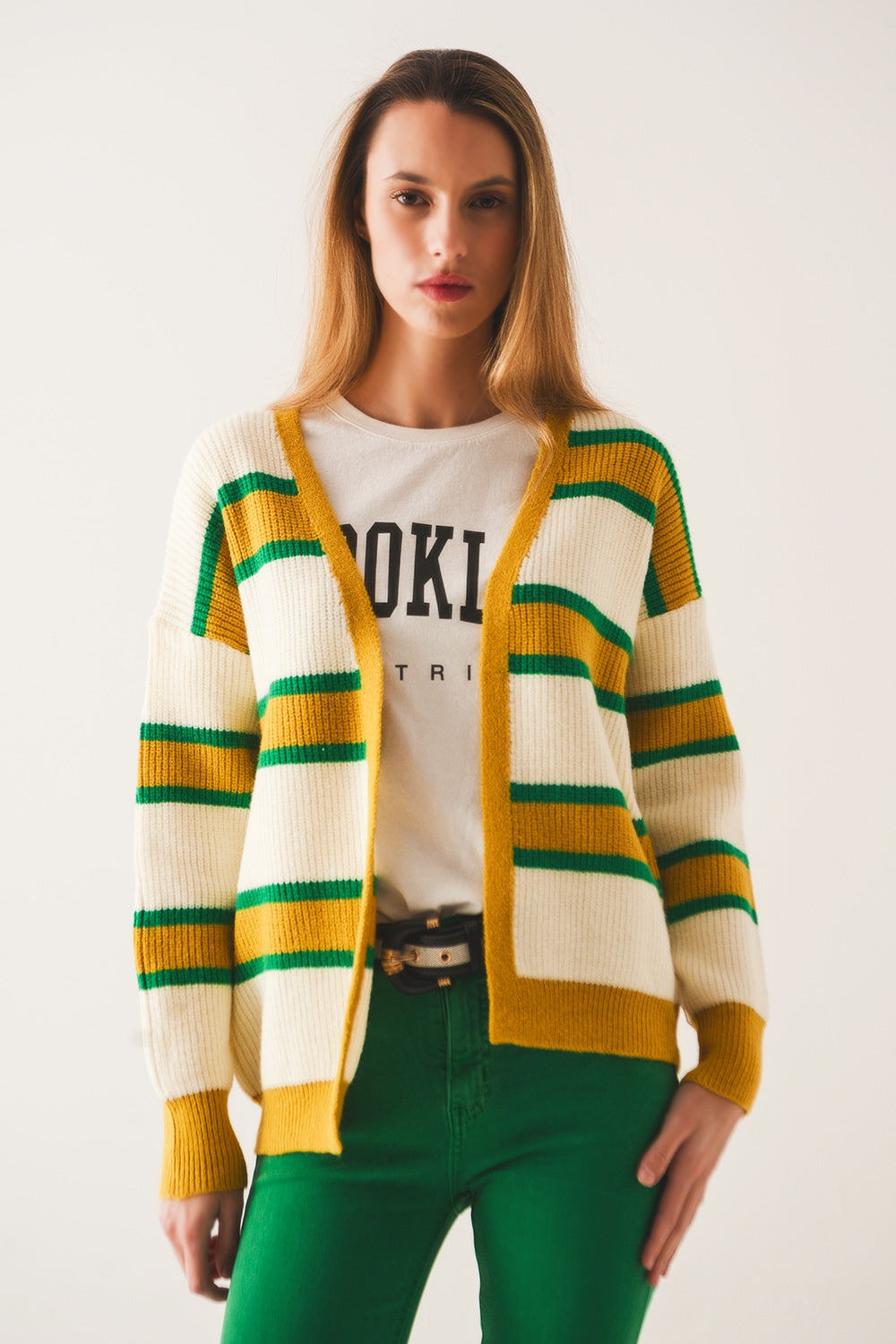Q2 Open front cardi in yellow stripe