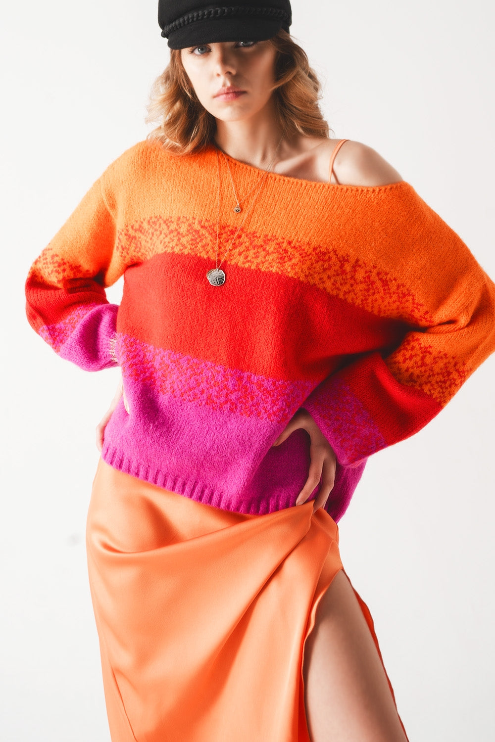 Orange knitted sweater with mélange stripes - Szua Store