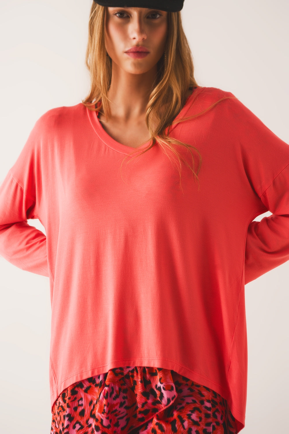 Q2 Orange long sleeve v neck top in modal