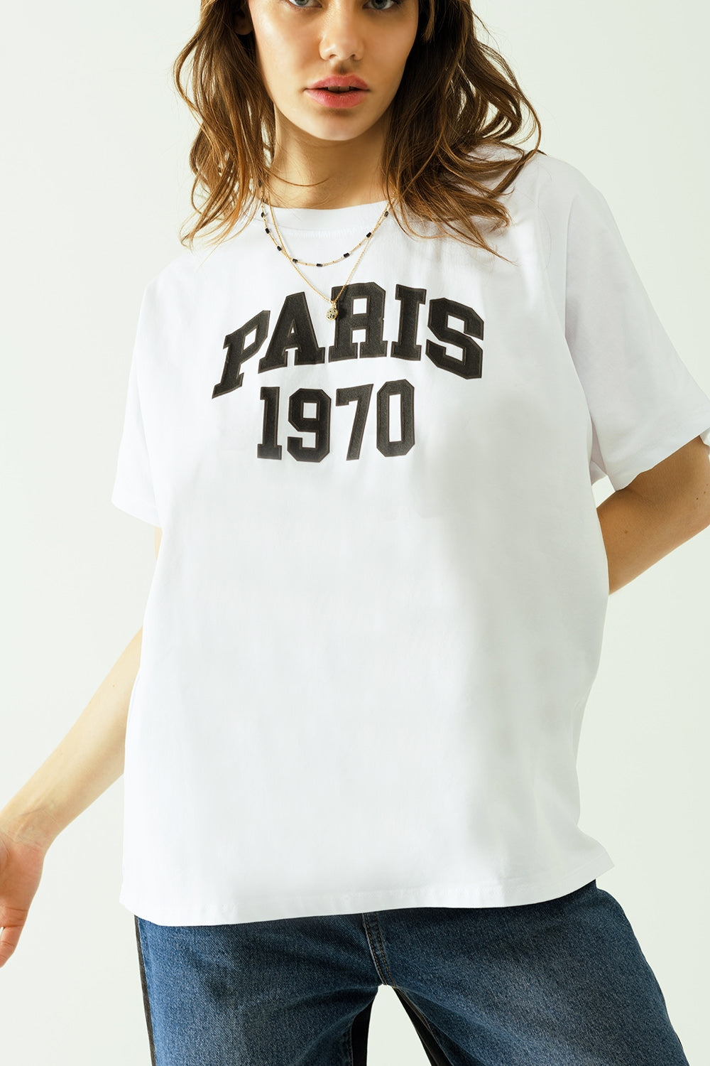 Q2 Oversize white t-shirt printed paris 1970 in black