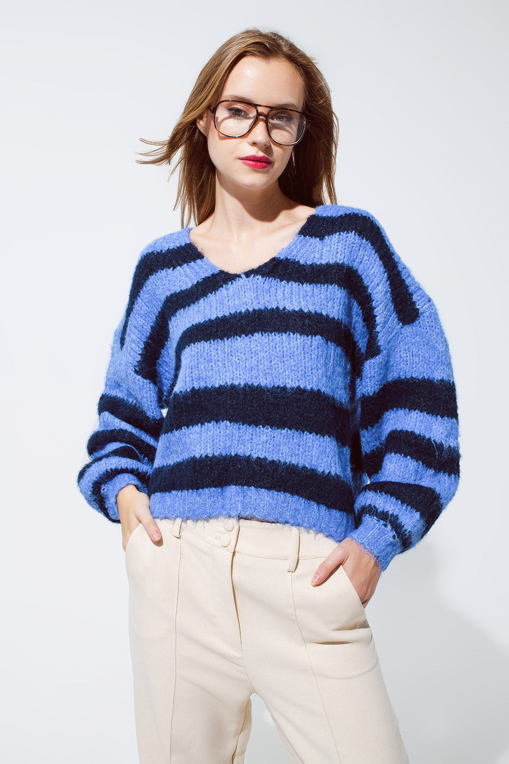 Q2 Oversized Blue Stripy Fluffy Sweater With Balloon Sleeves