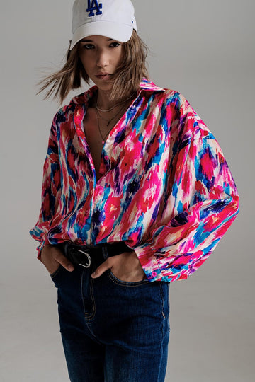 Q2 Oversized Button Down Shirt In Abstract Pink And Blue Print
