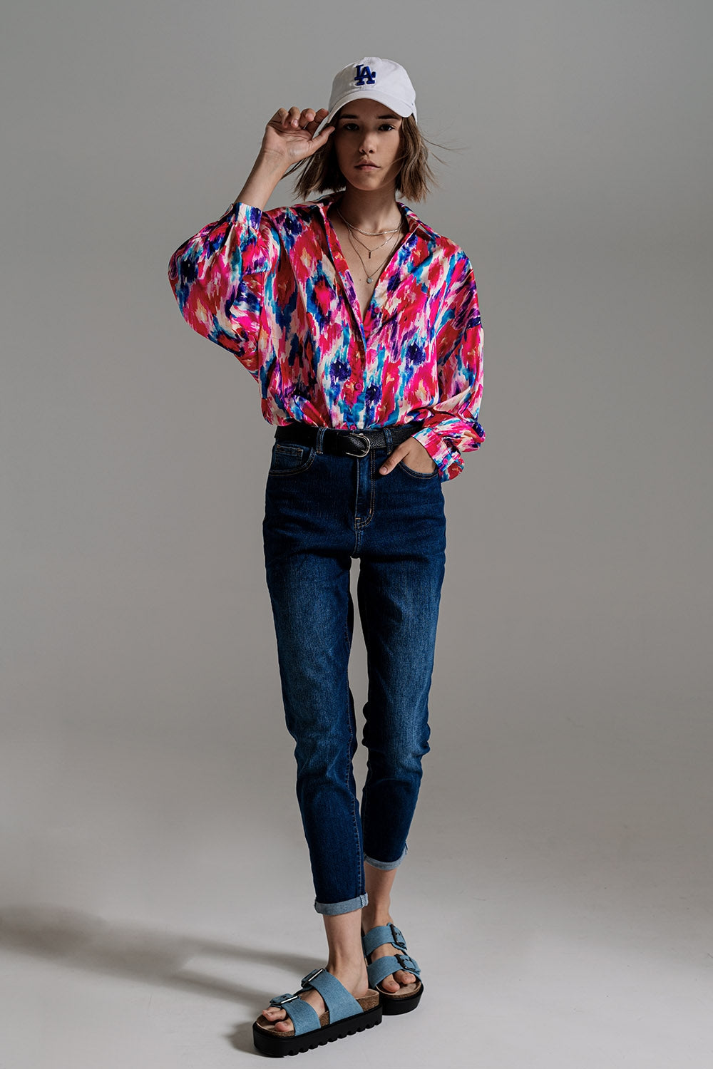 Oversized Button Down Shirt In Abstract Pink And Blue Print - Szua Store