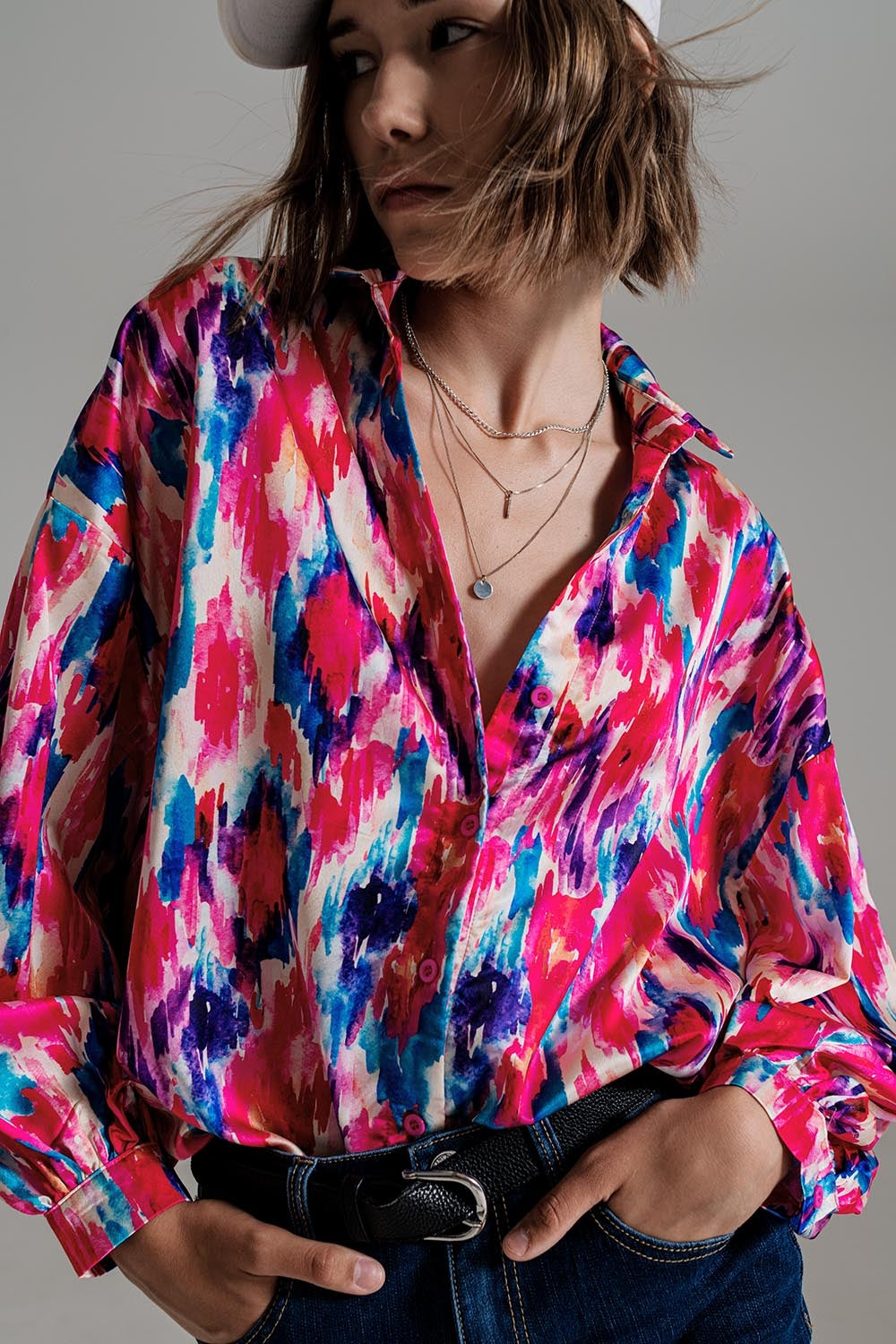 Oversized Button Down Shirt In Abstract Pink And Blue Print - Szua Store