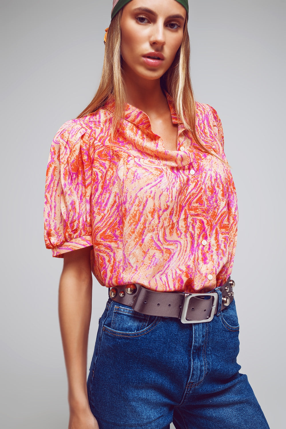 Q2 Oversized Button Down Shirt In Abstract Zebra Print In Orange And Fuchsia