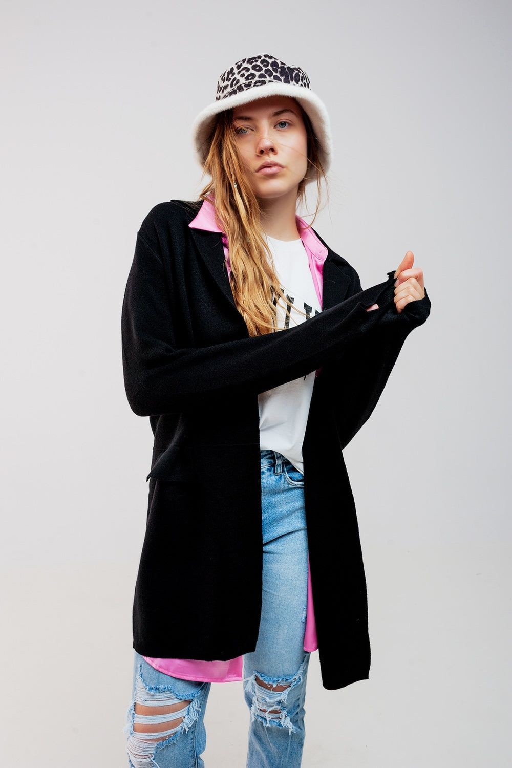 Oversized collar maxi cardigan in black Szua Store